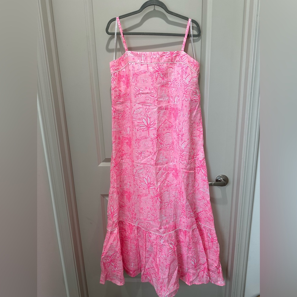 NWT Lilly Pulitzer Pink and White tropical Rozalie Linen Maxi Dress size 12 🌸💕🦩 - Picture 9 of 10